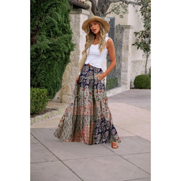 2024 Women's Summer Maxi Skirt - High Waist A-Line Boho Style with Pockets - Picture 2 of 5
